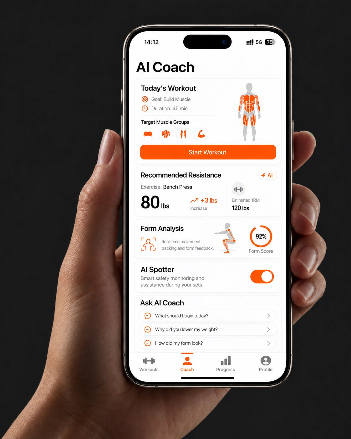 A hand holding an iPhone showing the GmTron AI Coach screen.