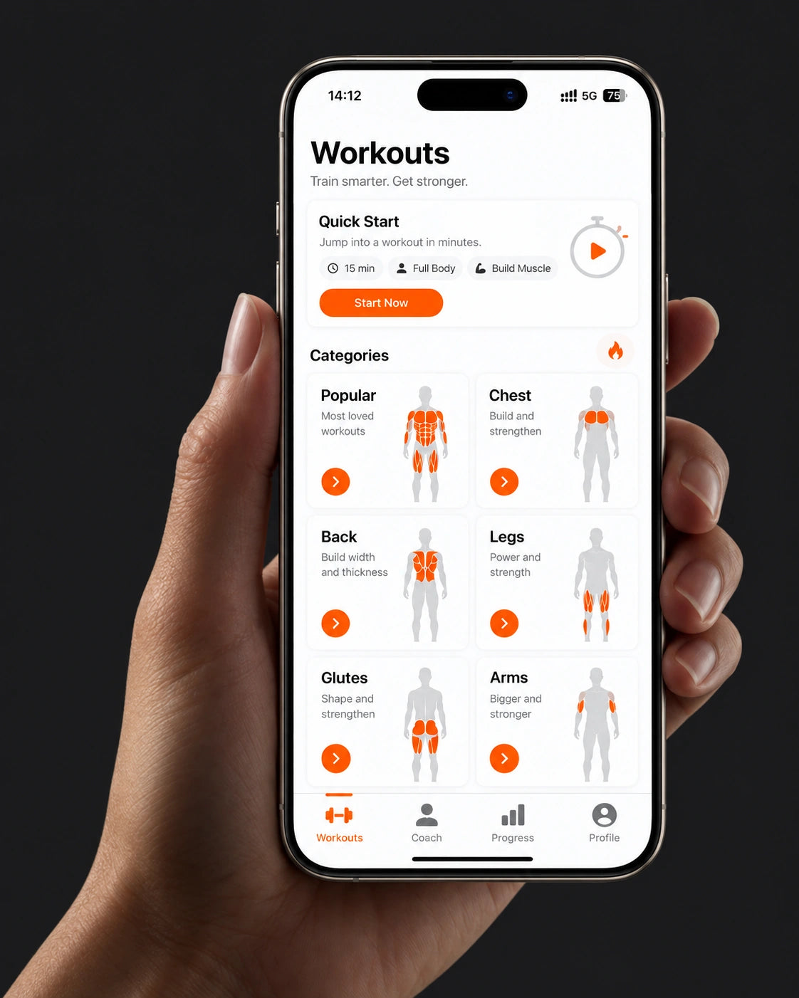 A hand holding an iPhone showing the GmTron Workouts screen.