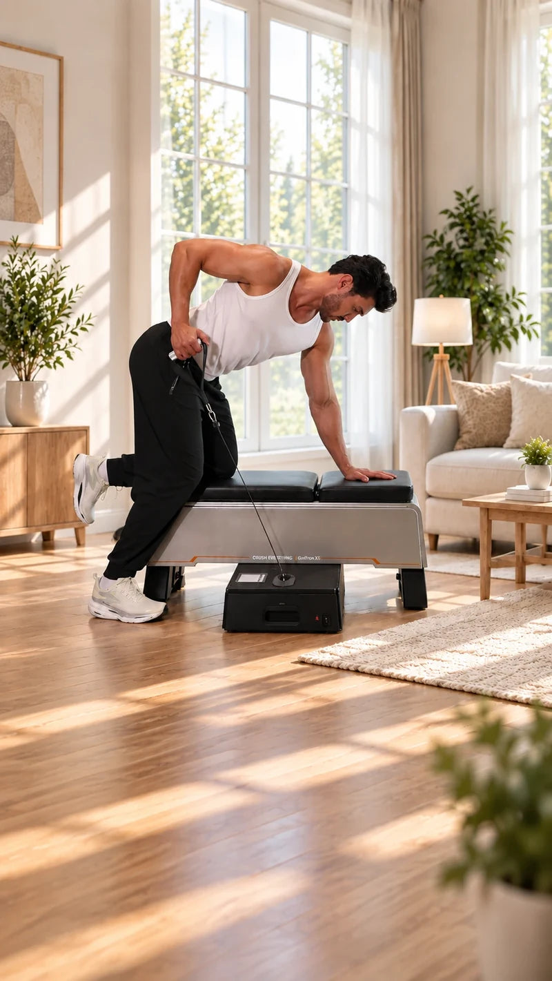 A one-arm row using GmTron X1 in a bright living room