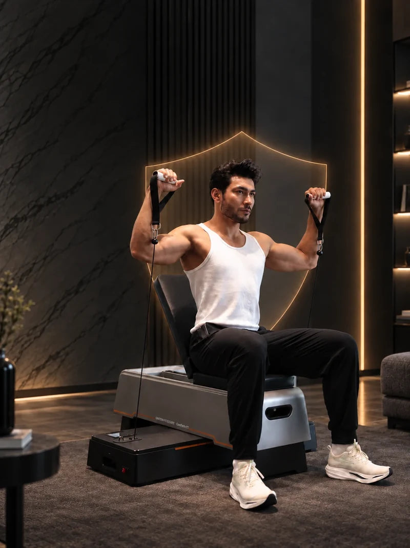 A person training with GmTron X1, with their full body and the training system visible.