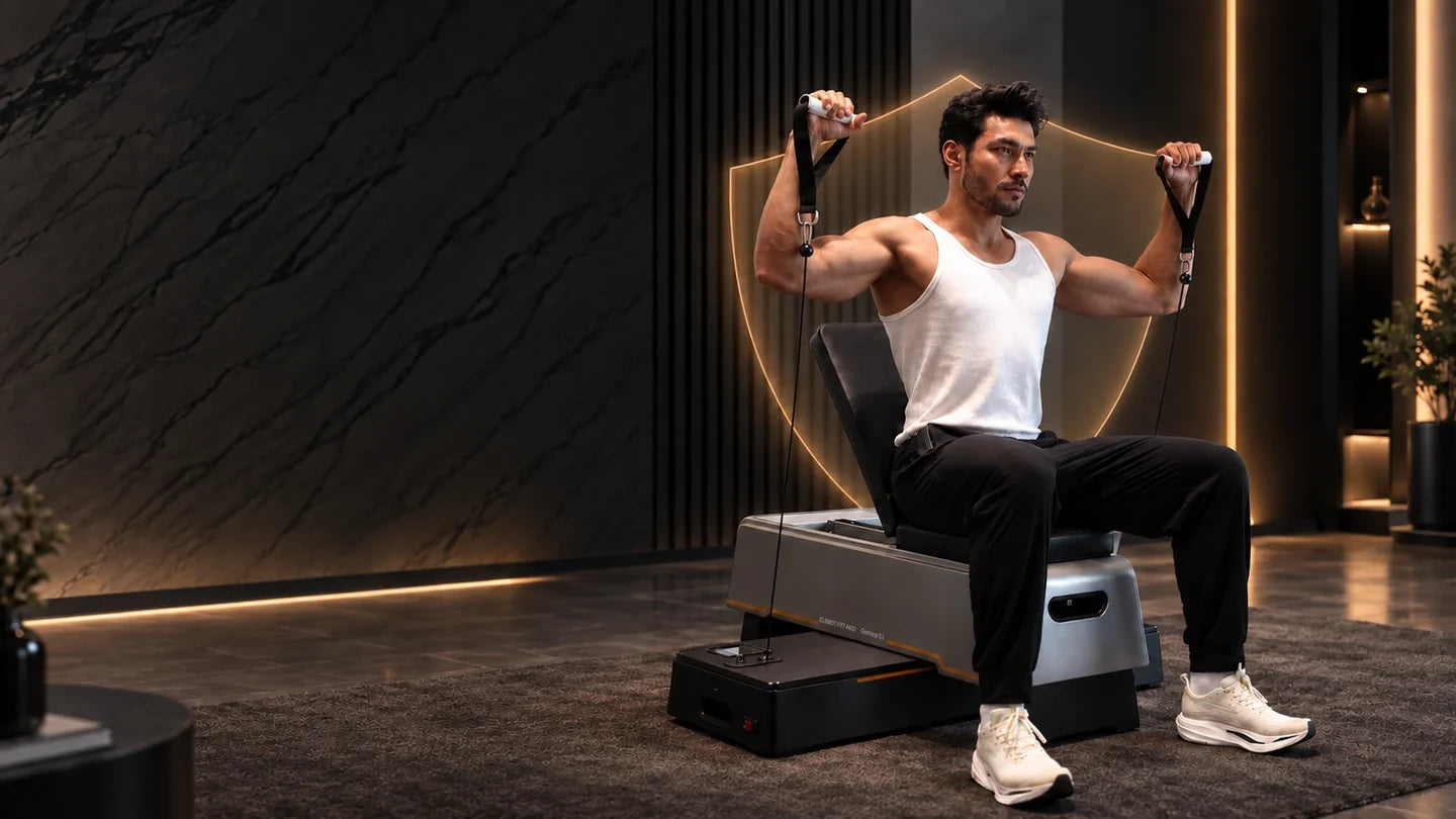 A person performing a seated shoulder press with GmTron X1.