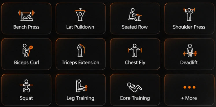 Bench press, lat pulldown, seated row, shoulder press, biceps curl, triceps extension, chest fly, deadlift, squat, leg training, core training and more